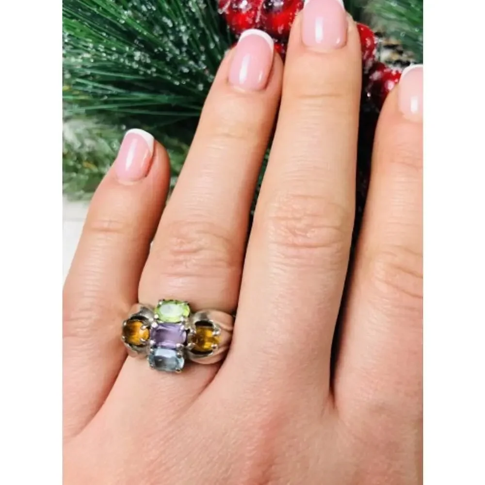 925 Sterling Silver Multi Gemstones Ring Size 6.5